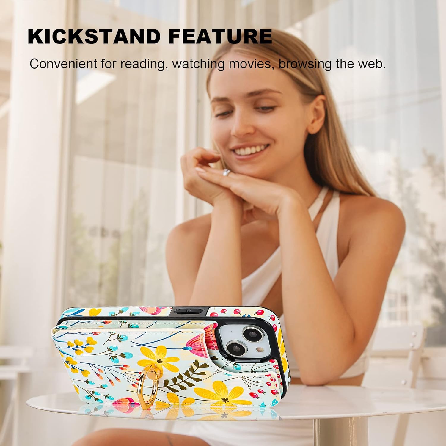 HAOPINSH for iPhone 13/ iPhone 14 Wallet Case with Card Holder, 360°Rotation Ring Kickstand, Floral Flower Pattern, RFID Blocking Leather for Girls Women, Double Buttons Flip Protective Cover 6.1"