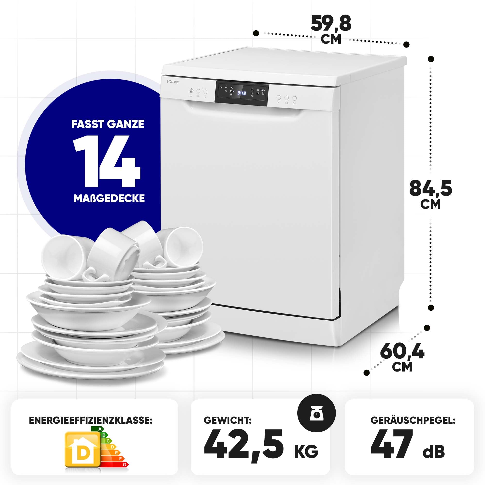 Bomann GSP 7419 Geschirrspüler 60 cm 14 Maßgedecke Stand Unterbau 7 Programme 2 Sprühebenen Startvorwahl weiß