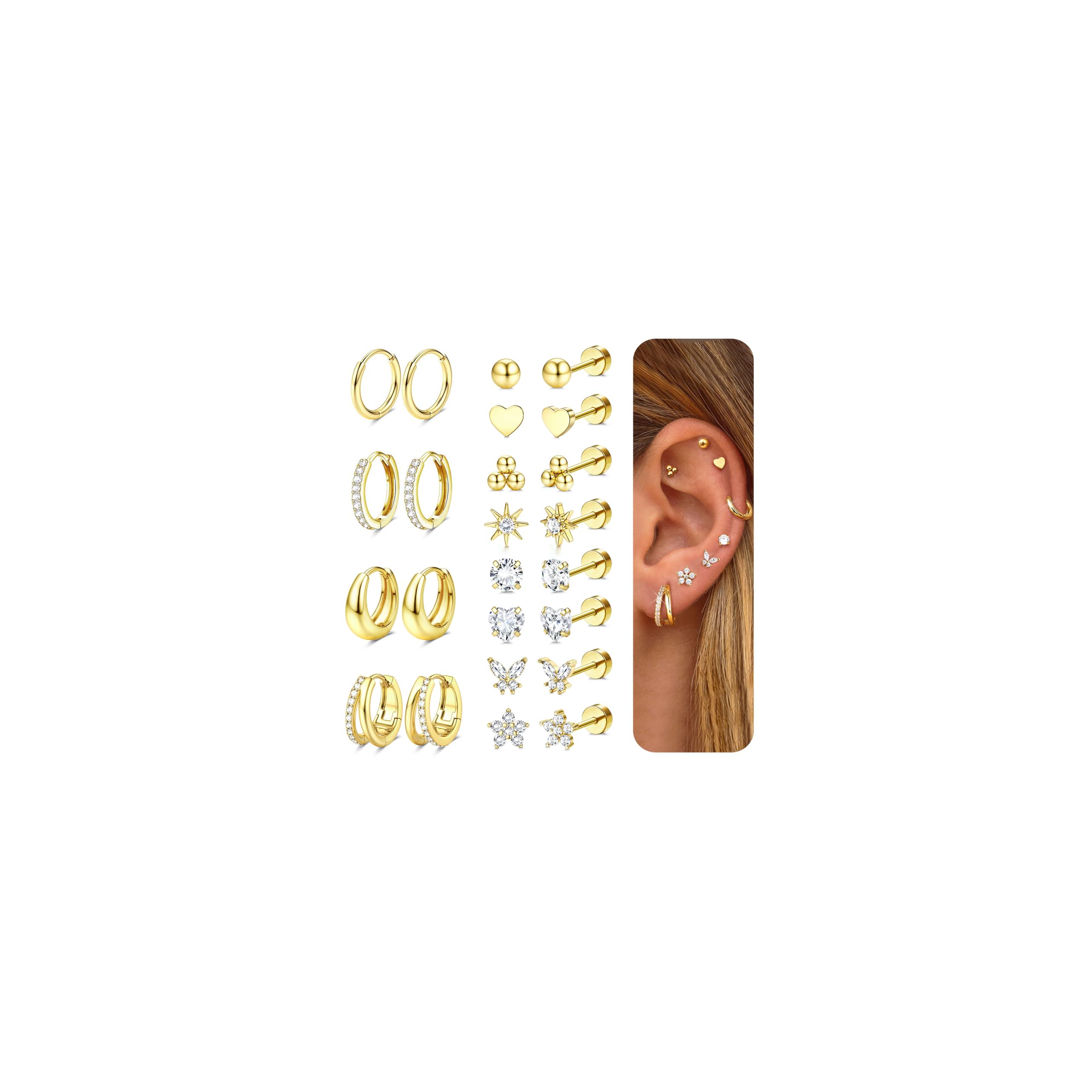 CASSIECA 10 paar oorbellen goud zilver set, 316L chirurgisch staal oorbellen voor dames heren medische oorstekers en creolen voor meervoudig piercing 14K verguld Helix Tragus piercing oor zilver, 6mm