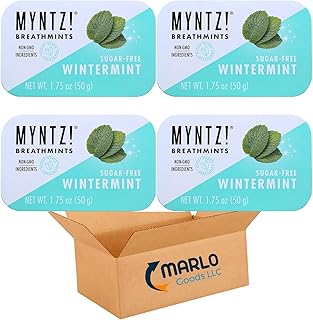 Myntz Sugar Free Mints in a Tin, Wintermint 4 Pack, Refreshing taste, Breath Mints for Bad Breath, Bulk Mints, No Sugar, No Fat, Gluten Free. Dentist Recommended. Great for back to school