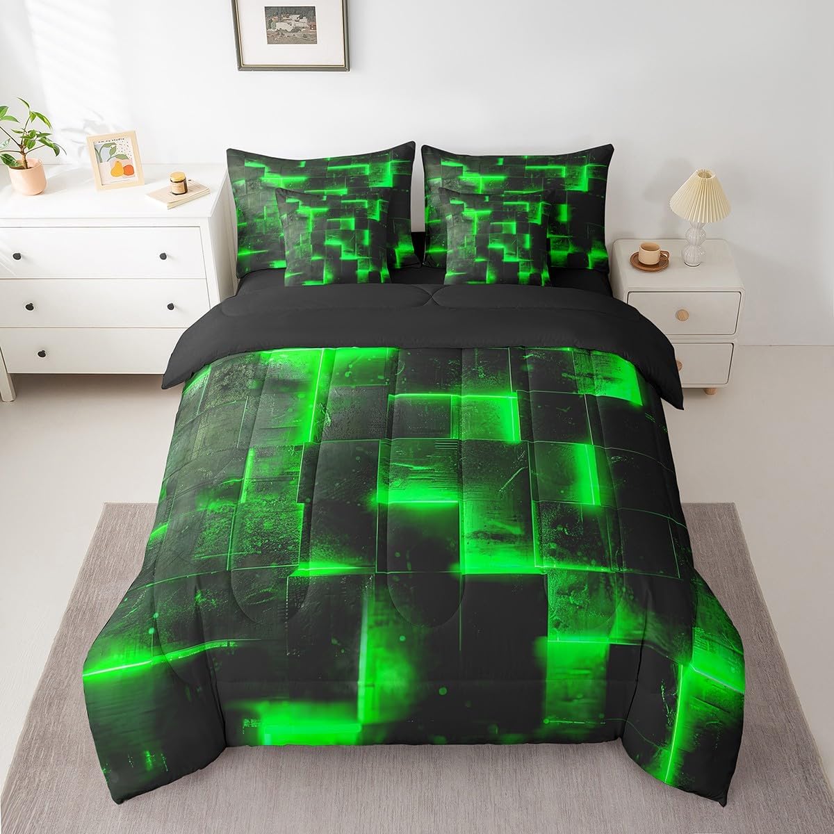 Erosebridal 3D Geometric Bed in a Bag 7pcs Abstract Aesthetic Bedding Set, Black and Green Queen Size Comforter Set Glowing Futuristic Cubes Bedding Comforter Sets, Neon Grid Bed Set