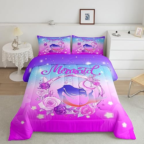 Erosebridal Juego de ropa de cama de sirena tamaño King para niñas, juego de edredón femenino de arco iris, vida oceánica, edredón acolchado de