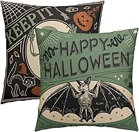 Vista 1 de Kawani Fundas de almohada de Halloween de 16 x 16 pulgadas, diseño de gatos aterradores, calabazas, esqueletos, murciélagos, juego de 2 almohadas