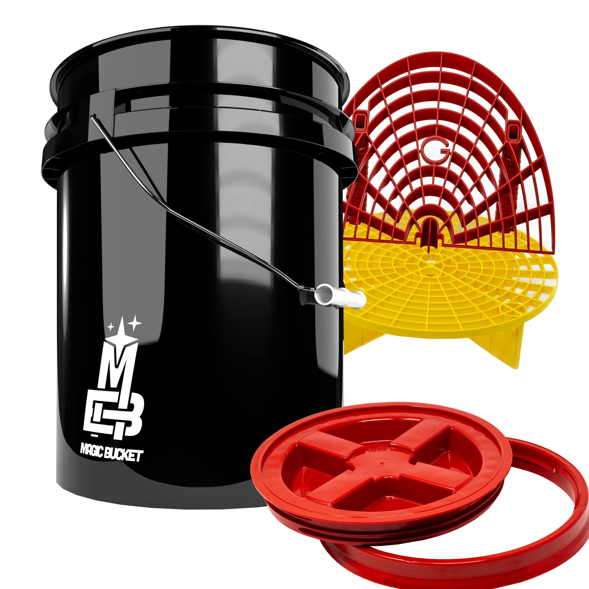 Detailmate Seau de lavage professionnel : seau de lavage Magic Bucket 5 GAL (environ 20 litres), couvercle de seau Gamma Seal rouge, grille GritGuard avec insert de saleté jaune, GritGuard rouge