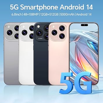 E16 PM Unlocked Android Phones, 5G Android 14 Cell Phones Unlocked, 12GB+512GB, 6.8 HD Screen, 5000mAh Battery, 108MP+48MP Dual Camera, Face ID & Dual SIM