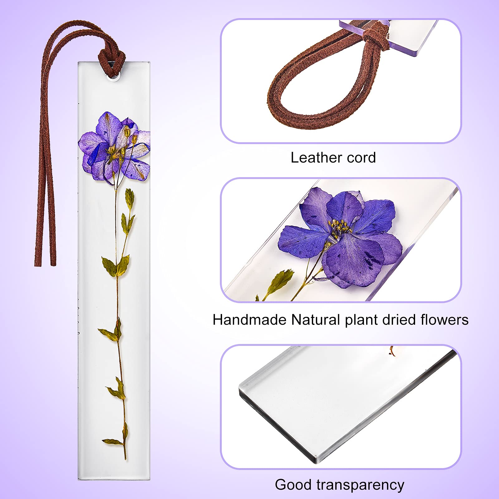 2 Marque-pages Résine Fleurs Séchées - 14x2,5cm - Avec Gland - Cadeau Lecture - Transparent