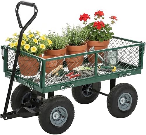 BestMassage Carrito de jardín de acero de malla de alta resistencia de 500 libras de capacidad, carrito plegable con lados extraíbles para playa,