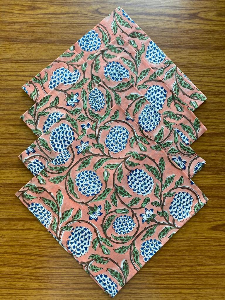 Ridhi Home Kitchen Linen 100% Cotton Cloth Dinner Napkins Handmade Floral Block Print- Soft Designer Napkins (Dark Salmon)