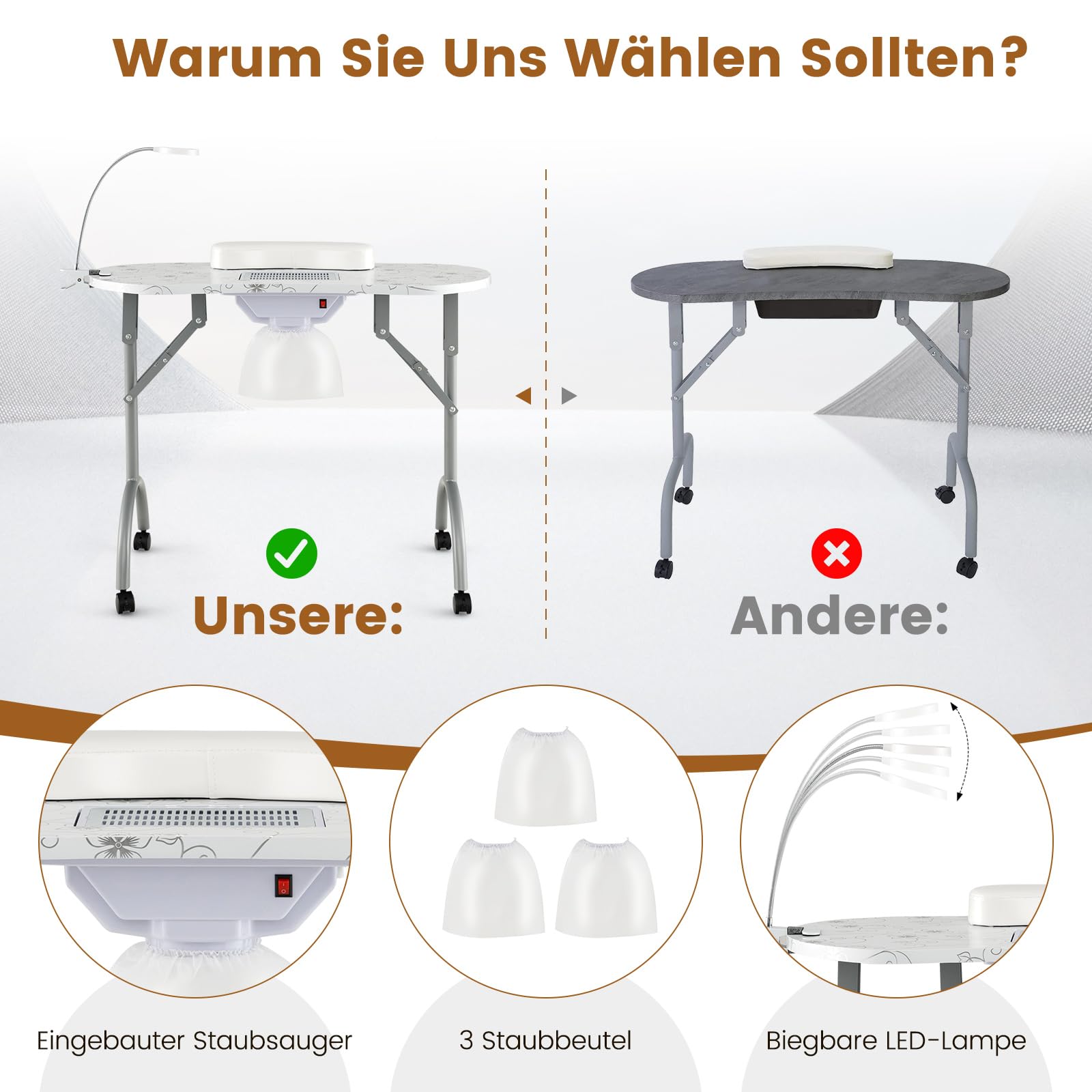 COSTWAY Maniküretisch klappbar, Nageltisch mit elektrischem Staubsammler, LED-Lampe, Handgelenkauflage, Tragetasche & Rollen, Maniküre Tisch Marmor Optik (Weiß)