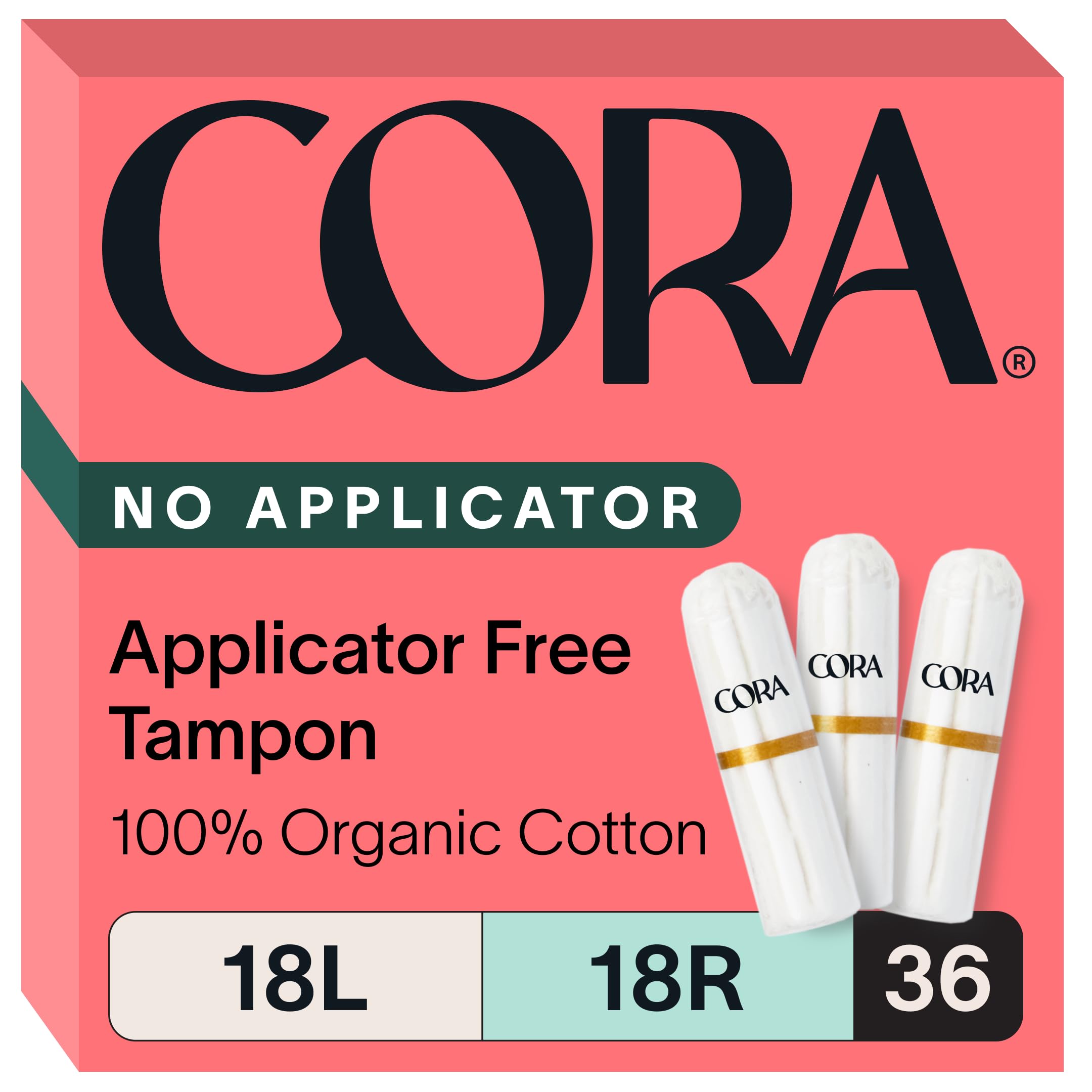Cora Non-Applicator Tampons - 100% Organic Cotton | Ultra-Absorbent, Unscented, Natural, Non-Toxic, Applicator Free | Eco-Conscious (36 L/R Tampons)