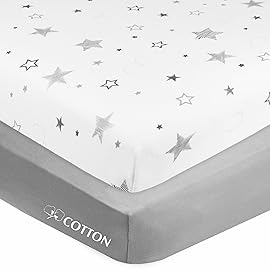 American Baby Company 2 Pack 100% Natural Cotton Fitted Crib Sheets 52 x 28 - Soft, Breathable, Hypoallergenic & Gentle Toddler Bed Sheets, Super Stars and Gray, Neutral for Boys & Girls