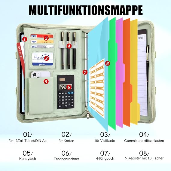 Leathario Schreibmappe A4 mit 5er Register DIN A4，Konferenzmappe mit 4 Ringbuch，Dokumentenmappe mit Reißverschluss，Griff，KlemmbrettOrdner für Meeting BusinessMappe für Schule Uni