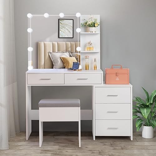Vista 8 de Makeup Vanity with Lights and Chair Set - Vanity Desk Set - Vanity Mirror with Lights - Adjustable 3-color LED Lights - Dressing Table with 5