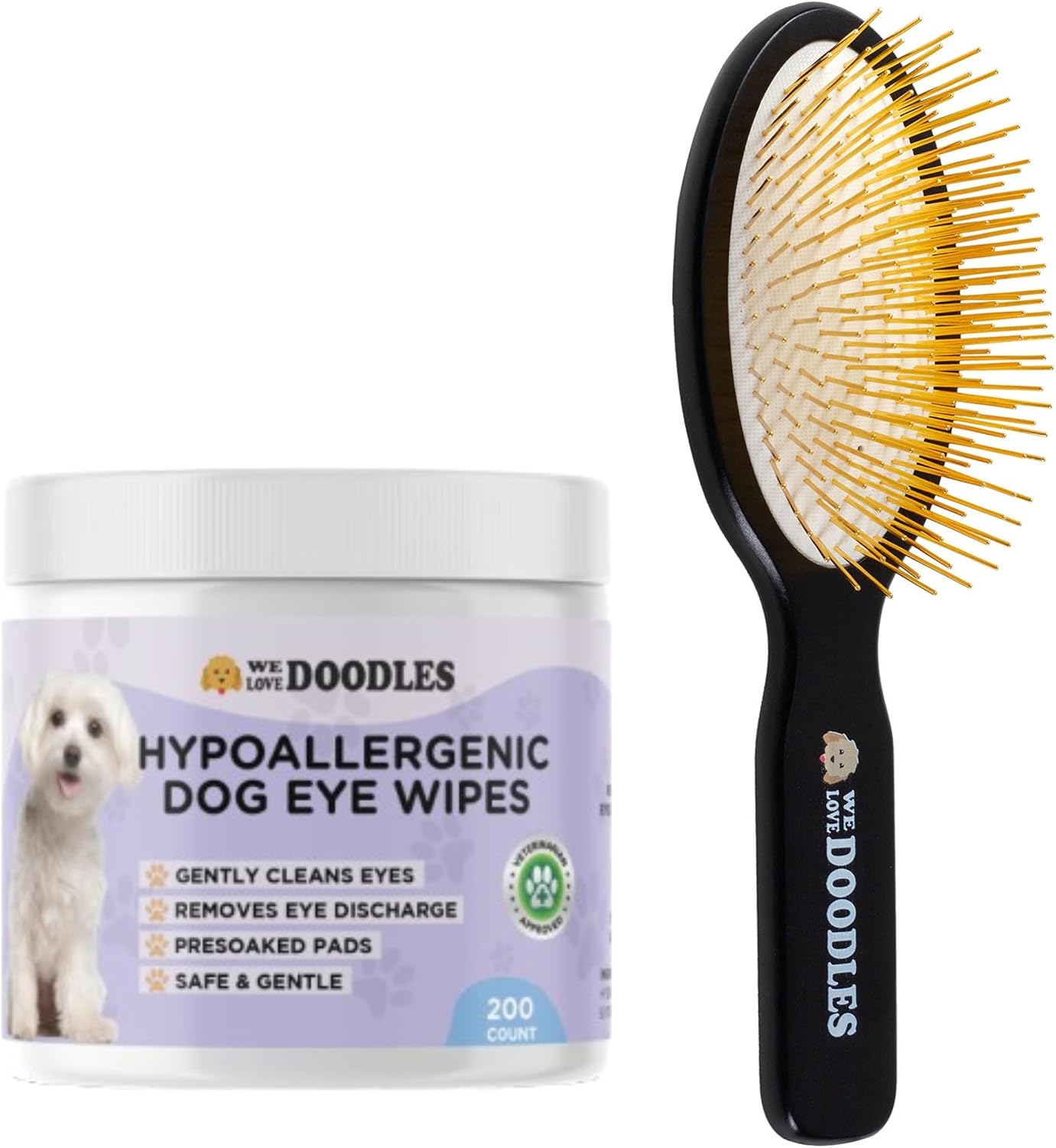 We Love Doodles Dog Eye Wipes & Pin Brush Bundle - Pre-Soaked Eye Wipes for Dogs, Tear Stain Remover for Dogs, Pet Eye Wipes,Pet Grooming Detangler Pin Dog Brush, Dog Brush for Shedding & Loose Fur