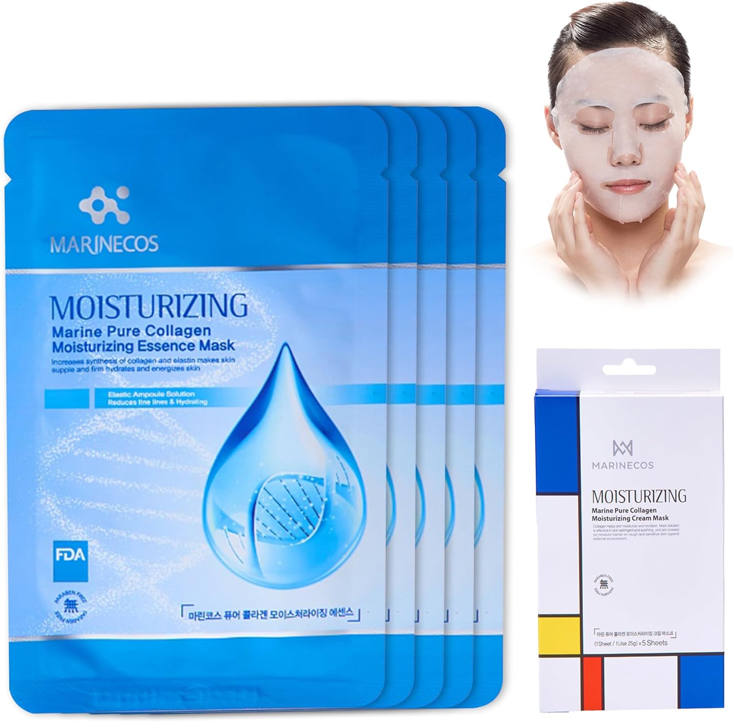 MARINECOS Collagen Face Masks – Hydrating, Anti-Aging, Firming Masks for Glowing Skin – Deep Moisture with Marine Collagen – 5 Pack