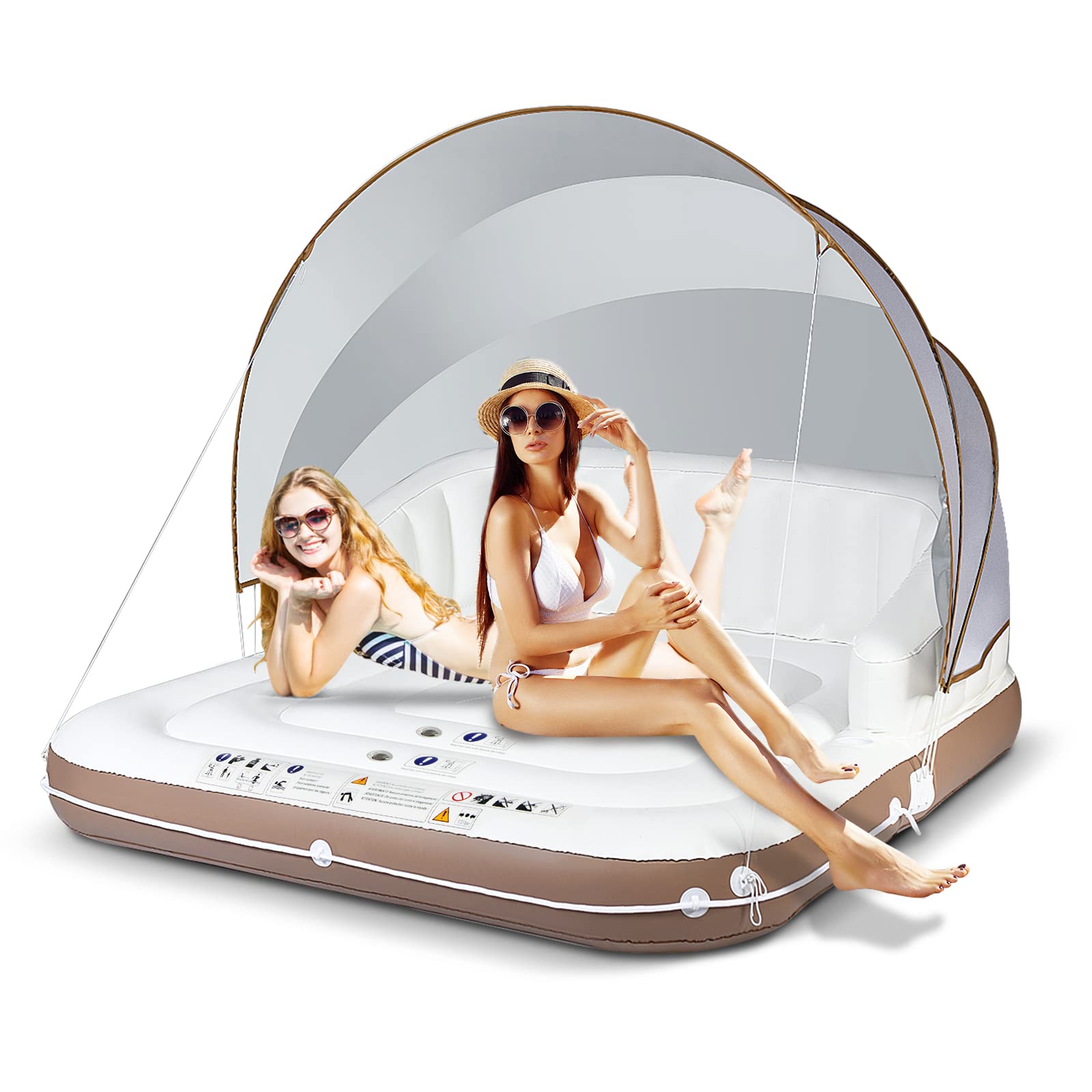 KOMFOTTEU Matelas Gonflable Lounge avec Auvent Rétractable 200KG Flotteur Piscine 2 Places UPF50+ Île Flottante 180x180x160CM