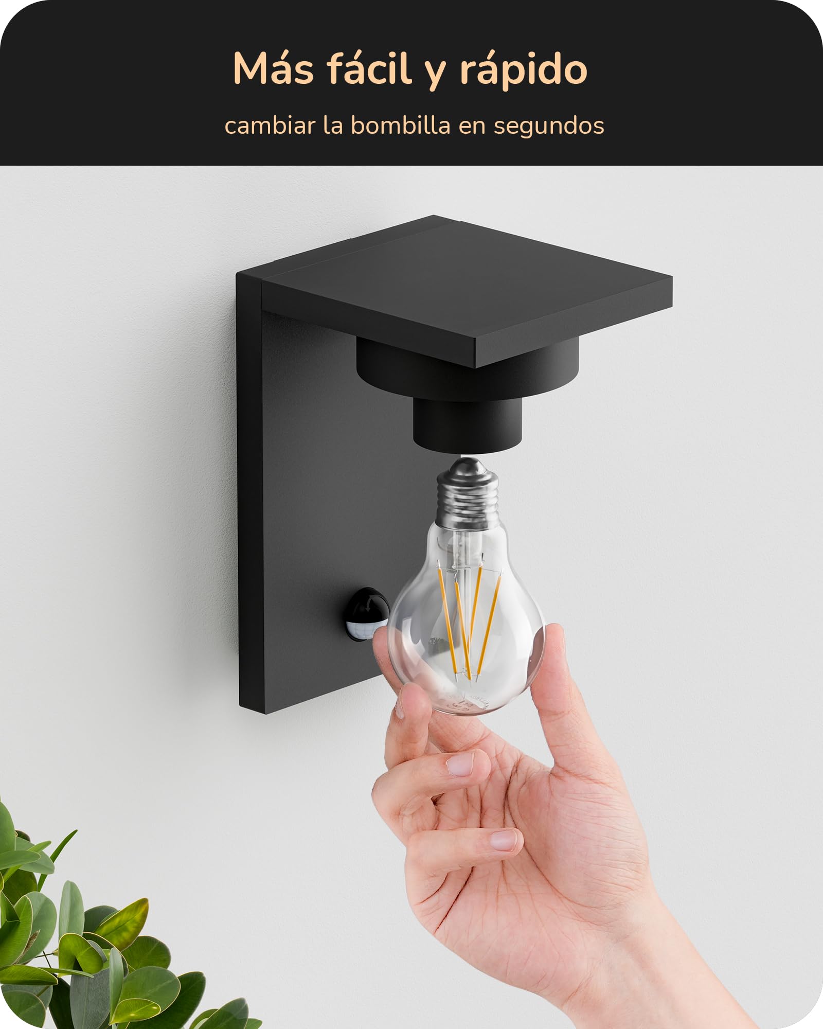 EDISHINE Aplique Exterior, Sensor Movimiento, Cristal Transparente, Negro | Casquillo E27, Impermeable IP44, Carcasa de Aluminio, Sin Bombilla, ideal para Puerta de Entrada y Fachada