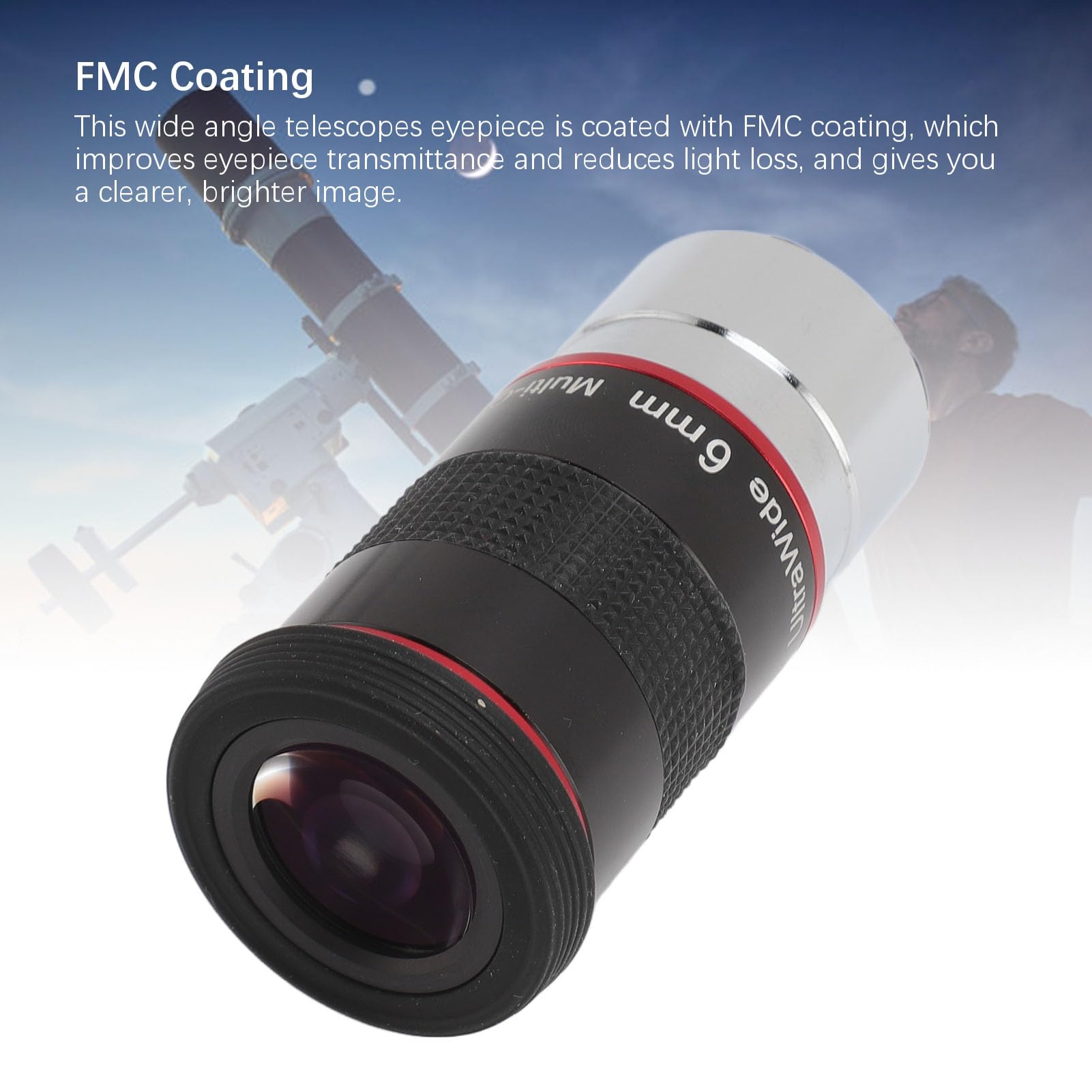68 Grad 6 Mm Weitwinkel-Okular für Astronomisches Teleskop, FMC-Beschichtung, 1,25 Zoll, für Mond, Sternhaufen, Galaxie, mit Staubkappe, Aluminiumlegierung, Optisches Glas
