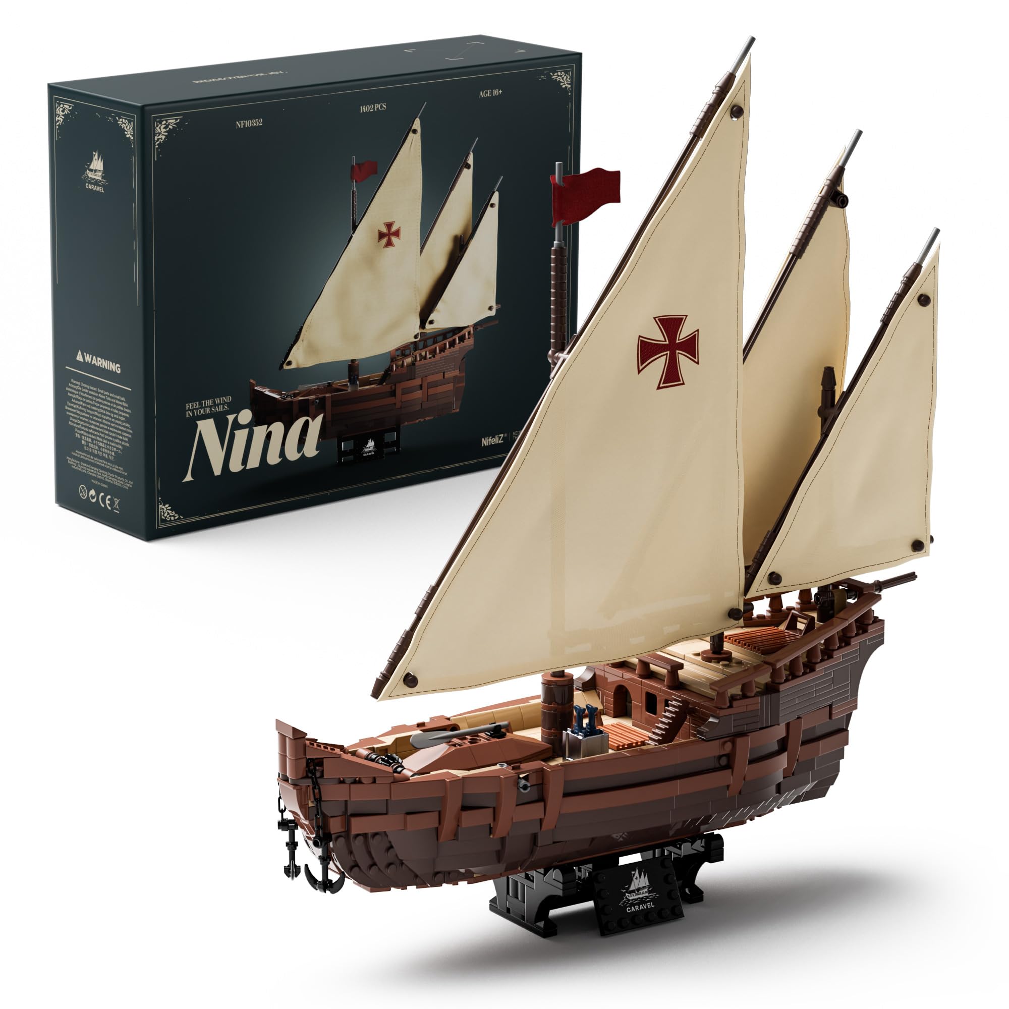Nifeliz Kit de Construcción de Barco Velero Nina para Adultos, Modelo de Decoración para Hogar u Oficina, Regalo para Aficionados a los Barcos (1.402 Piezas, NF10352)