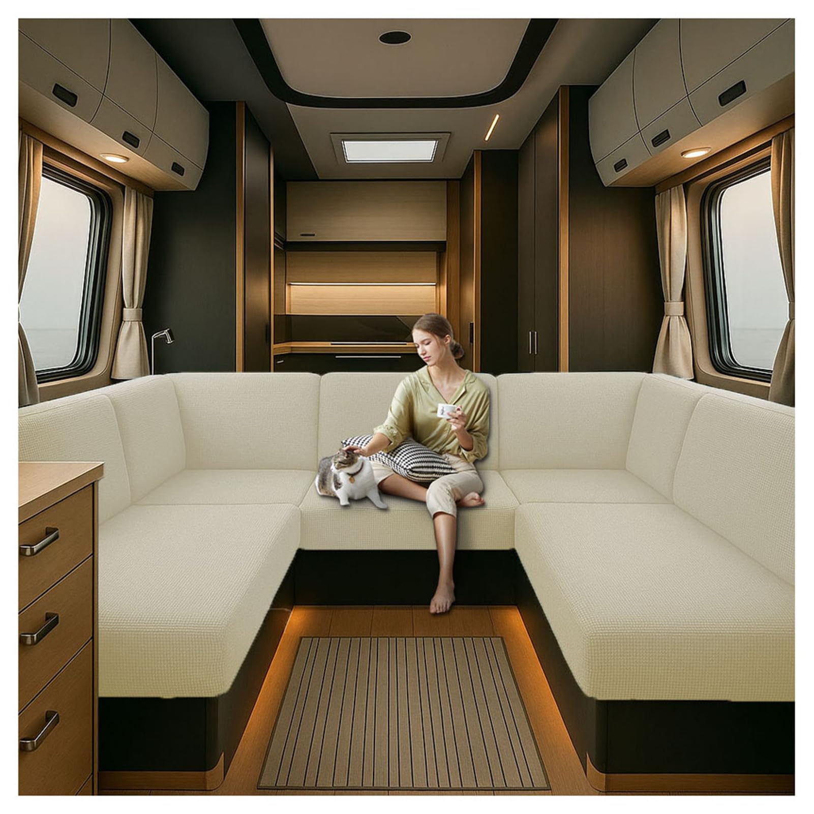 Caravan Seat Cover Waterproof Stretch Jacquard, Non-slip RV Dinette Cushion Covers with 2 Straps with Elastic Straps Multi-Size Fit for Camper, Motorhome & Indoor (white1,W 160-195 cm, D 60-90 cm)