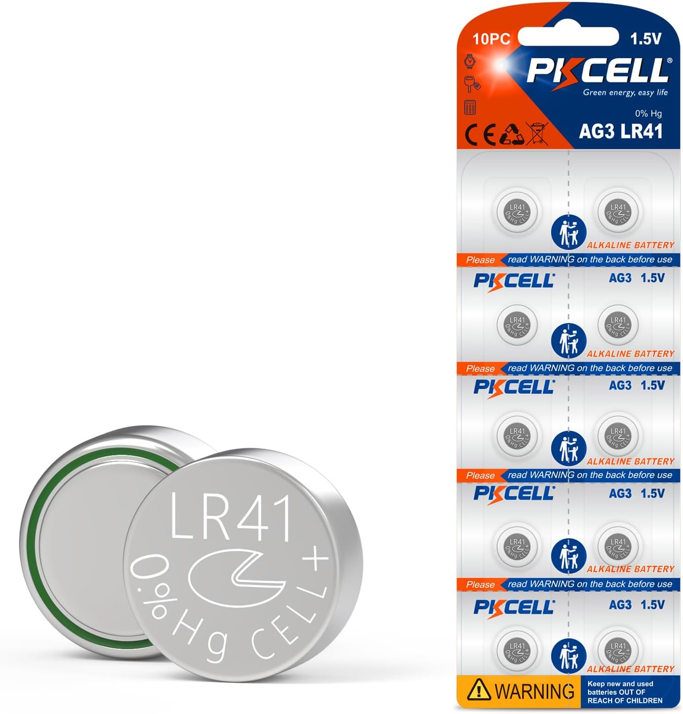 PKCELL LR41 Button Batteries 10 Count AG3 392 384 192 Alkaline Battery 1.5Volt Button Coin Cell Battery