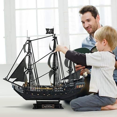 Vista 9 de CubicFun Rompecabezas 3D para adultos – Barco pirata LED Queen Anne's Revenge – Rompecabezas de velero grande de 27 pulgadas – Decoración