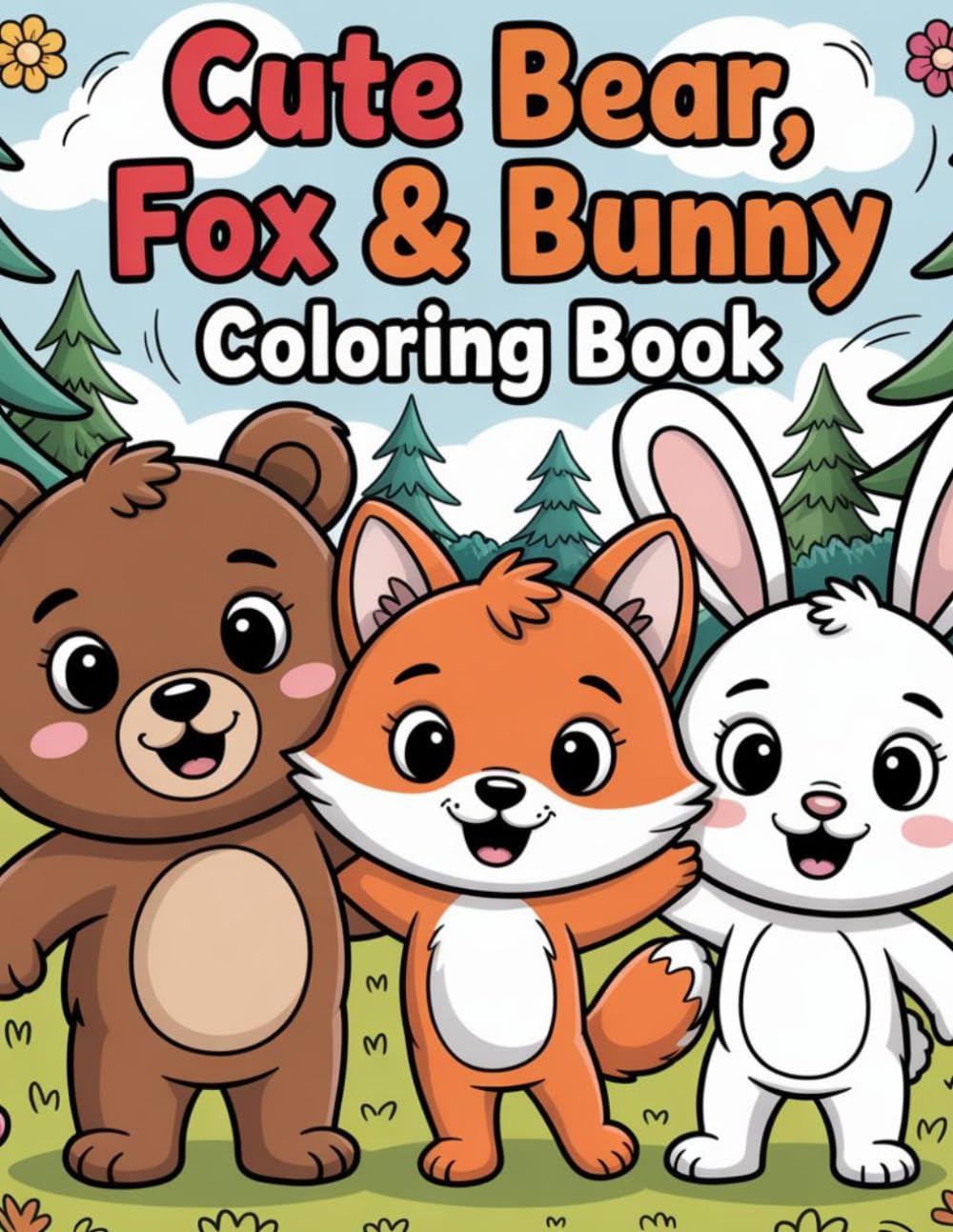 Cute Bear, Fox & Bunny Coloring Book: Cute Woodland Animals Coloring Book for Kids Ages 3–6