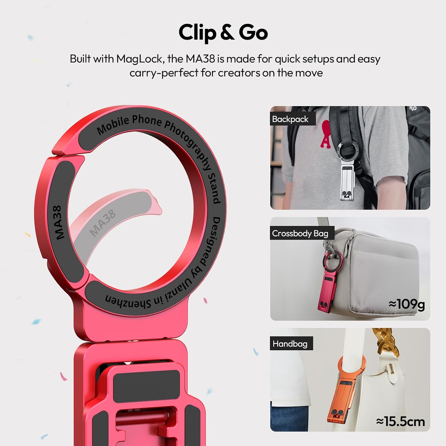 ULANZI Magnetic Phone Tripod for iPhone, MA38 Portable Phone Holder Mini Tripod for Magsafe with Double-Sided 1/4'' Screw Arca Uka Port Foldable Hook for iPhone 17/16/15/14/13/12, Travel Vlog Red