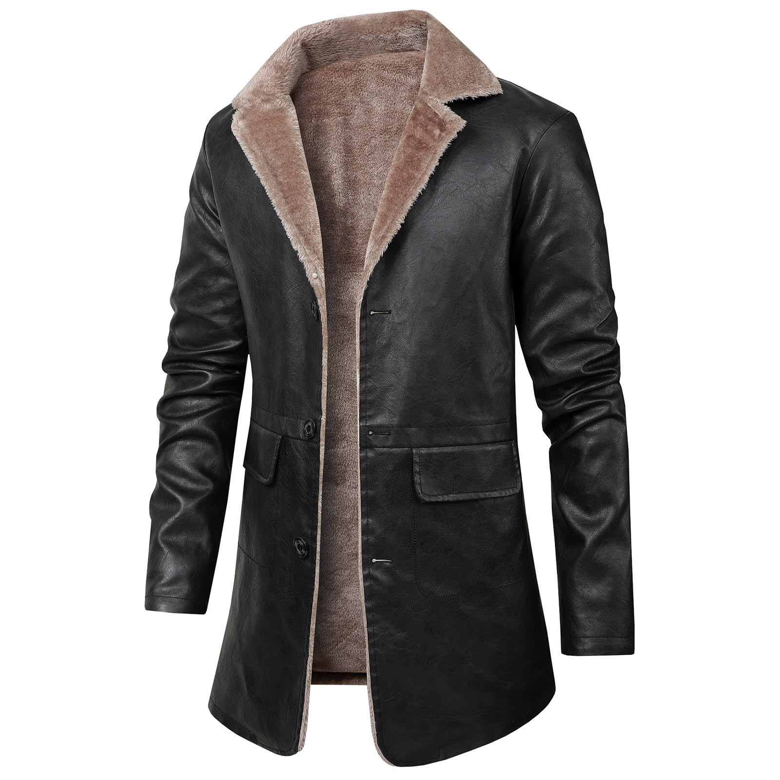 Abrigo de Cuero Vintage para Hombre Chaqueta Larga de Piel Sintética de Invierno con Cuello de Abrigos de Piel Sintética, Cálido para Invierno, Chaqueta Larga con Forro Abrigo con Ccuello de Solapa