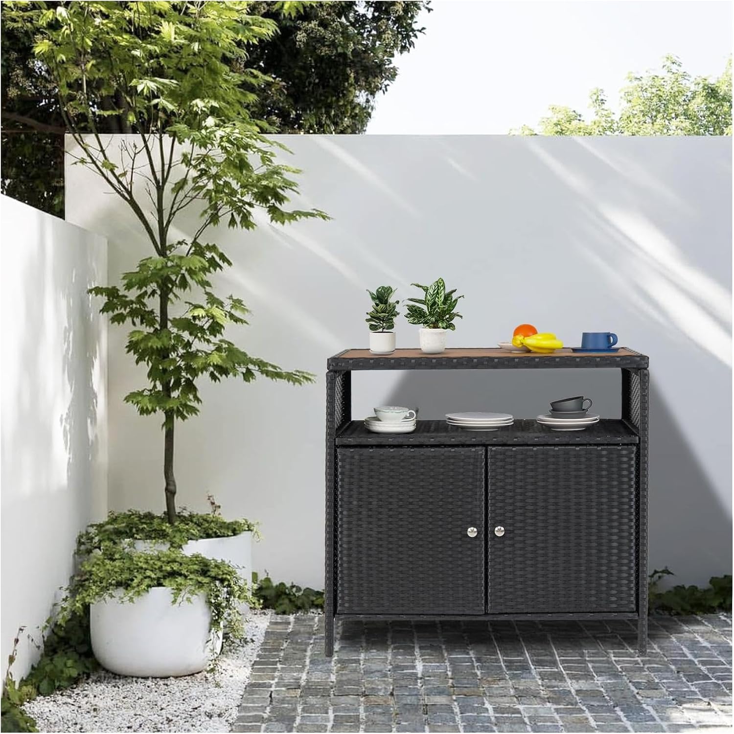 Brown Outdoor Wicker Storage Cabinet - Versatile Patio Bar Table with Spacious Tabletop, Open Shelf, Enclosed Cabinets, Weather-Resistant Durability, Easy Assembly & Convenient Magnetic Closures