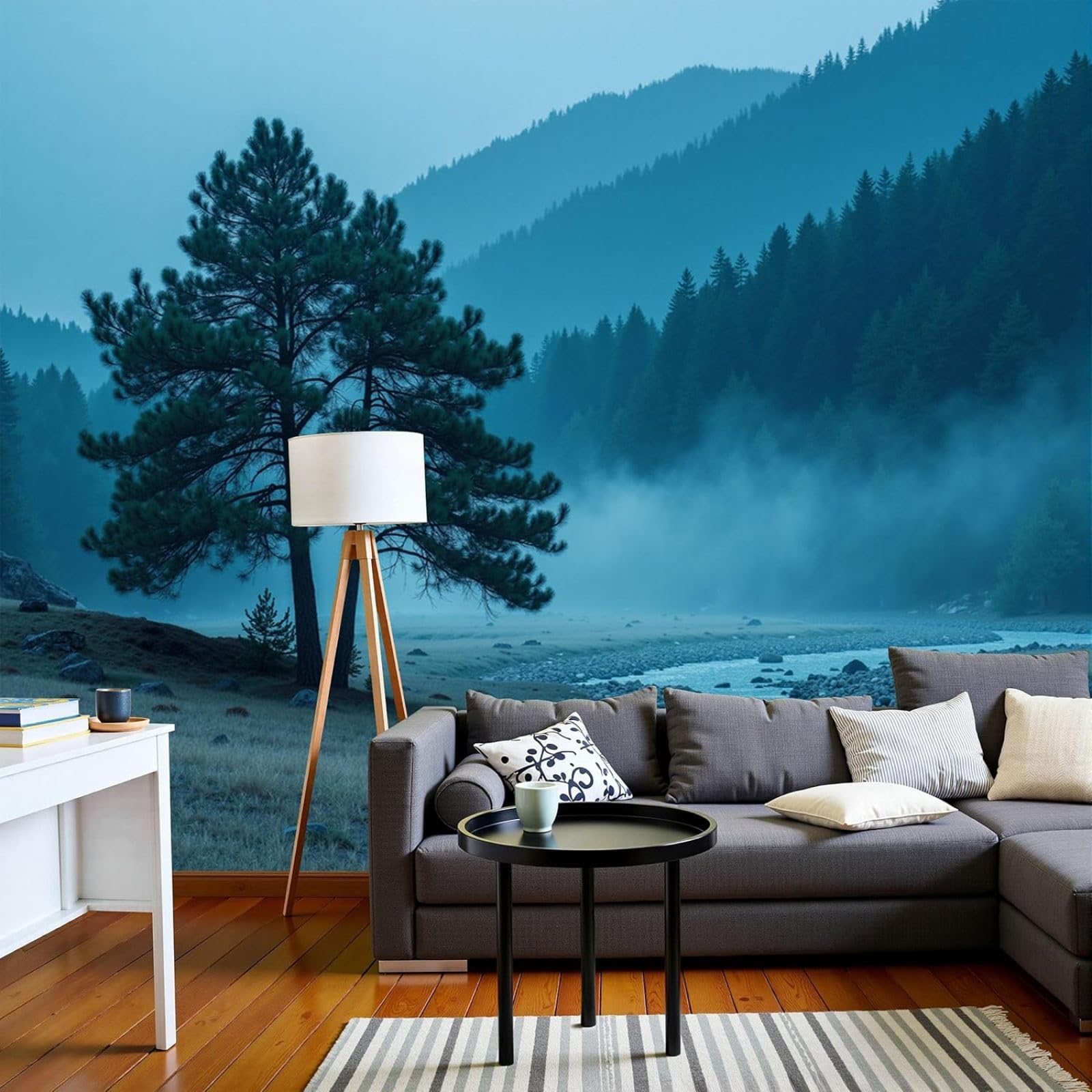 Photo wallpaper Peaceful Forest - XXL, A Solitary Pine Landscape 3D Effect, Blue-Green For Living Room Bedroom Non-woven Wallpaper Wall Mural, 350cm x 256cm Stickers - Frameless Painting - Poster