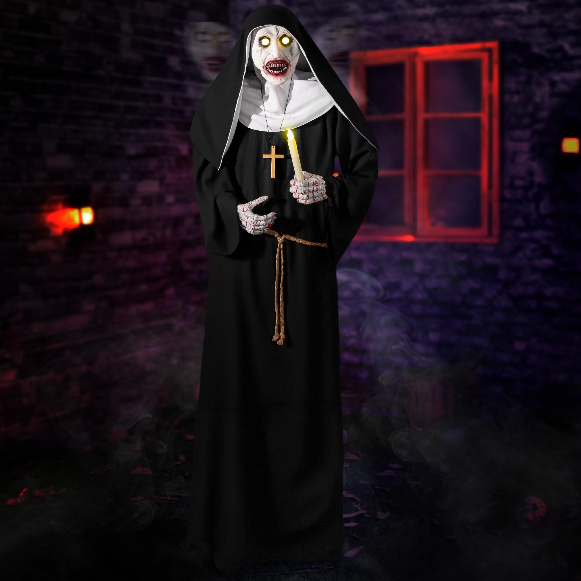 Halloween Animatronics 6ft Nun Animated 72inch Sister Decoration with Motion Sensor Activated, Creepy Sound, Scary Move, Light Up Eyes, Haunted House Spooky Decor Horror Prop for Indoor, Outdoor, Yard