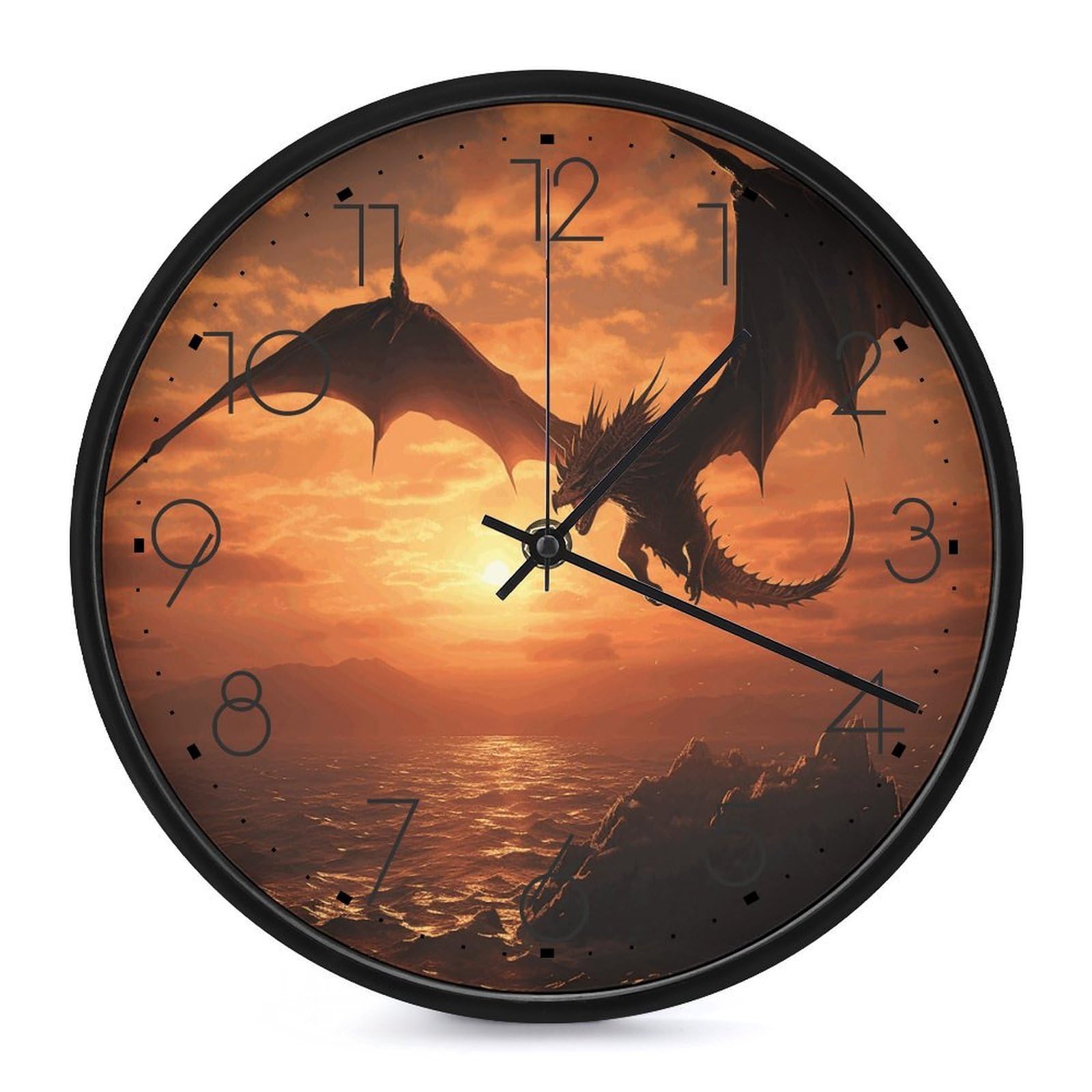 Adfgyerh Black-Style Sea Sunset Flying Dragon Clock，9.8 Inch Battery Operated Wall Clock Classic Simple, Decorative Wall Clock.analog Clock For Kitchen Office Bathroom Bedroom.