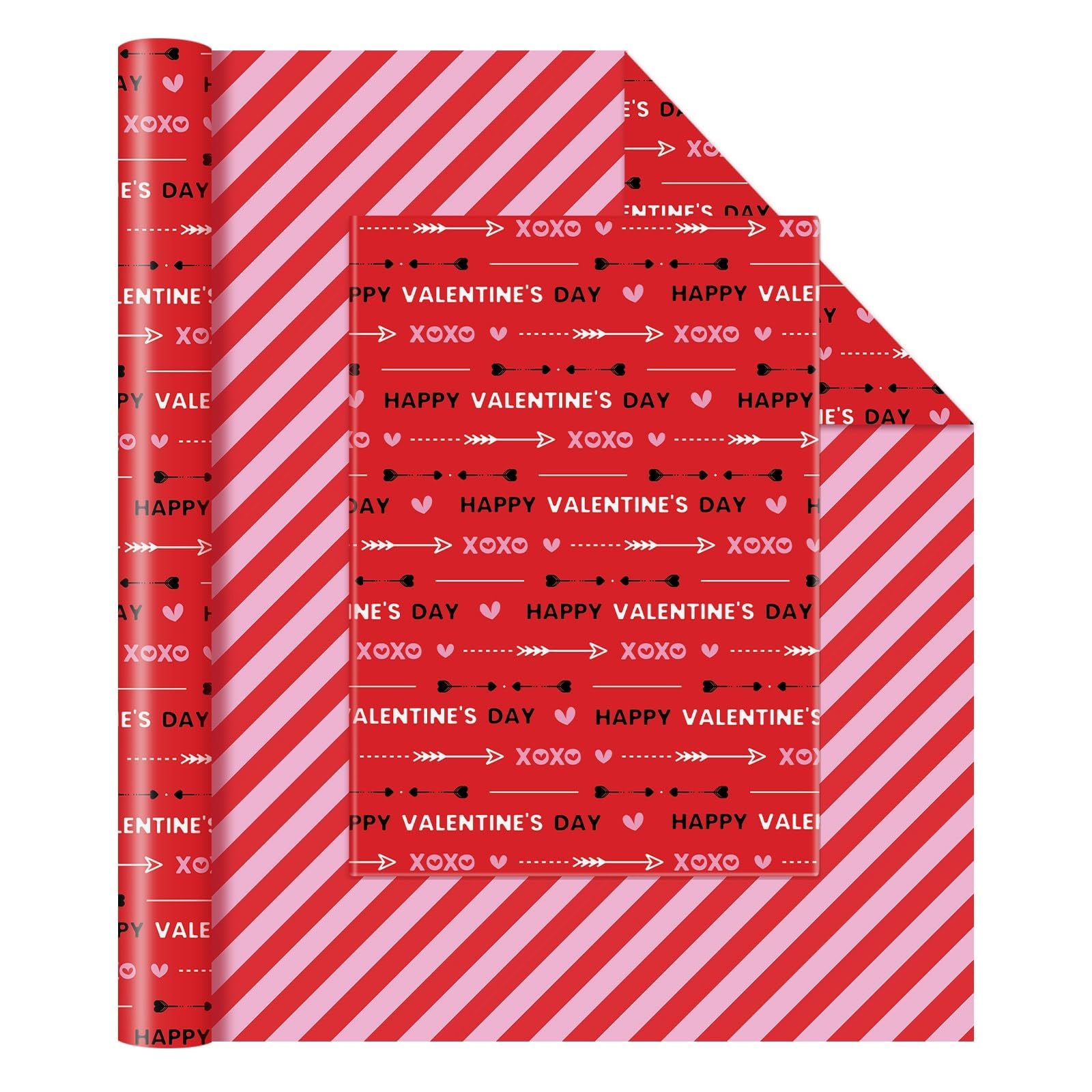 WERNNSAI Valentine Cupid Wrapping Paper - 1 Roll Red Happy Valentine Wrapping Paper Reversible Pink Stripe Gift Wrap for Girl Woman Valentines Day Gift Packing Birthday Wedding Date Present 43cm X 10m — image 1