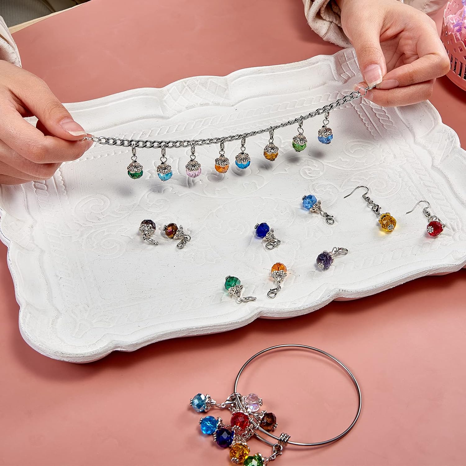 80 Pieces Crystal Dangle Charms Pendants Colorful Glass Charm Handmade Dangle Bead Charms with Lobster Claw Clasps for Jewelry Making Crafts - Image 3