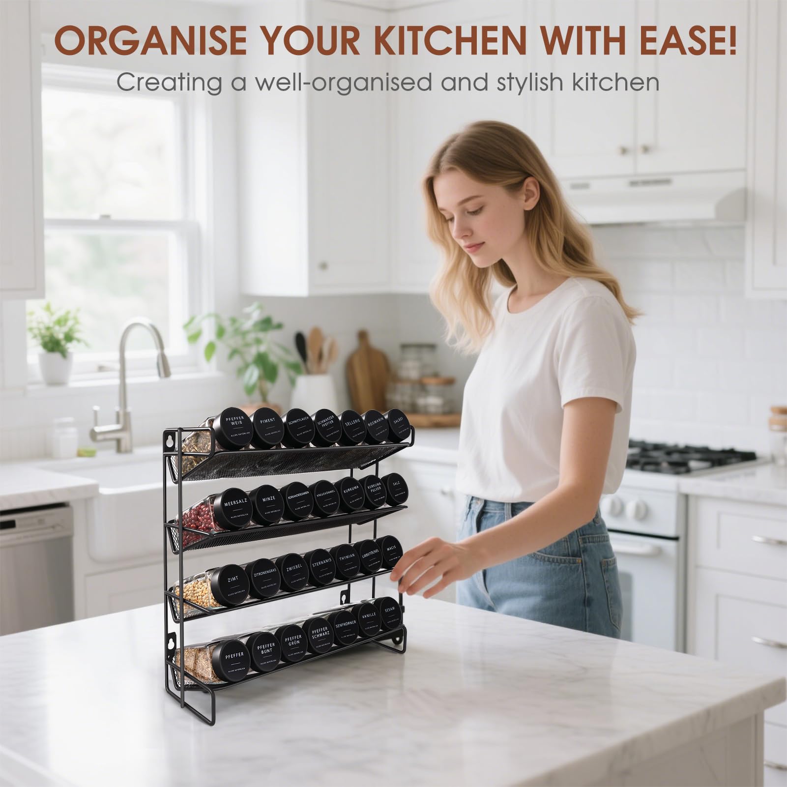 Porte-épices pour cuisine, 28 pots d'épices, porte-épices pour cuisine, avec 308 étiquettes, tamis, brosse