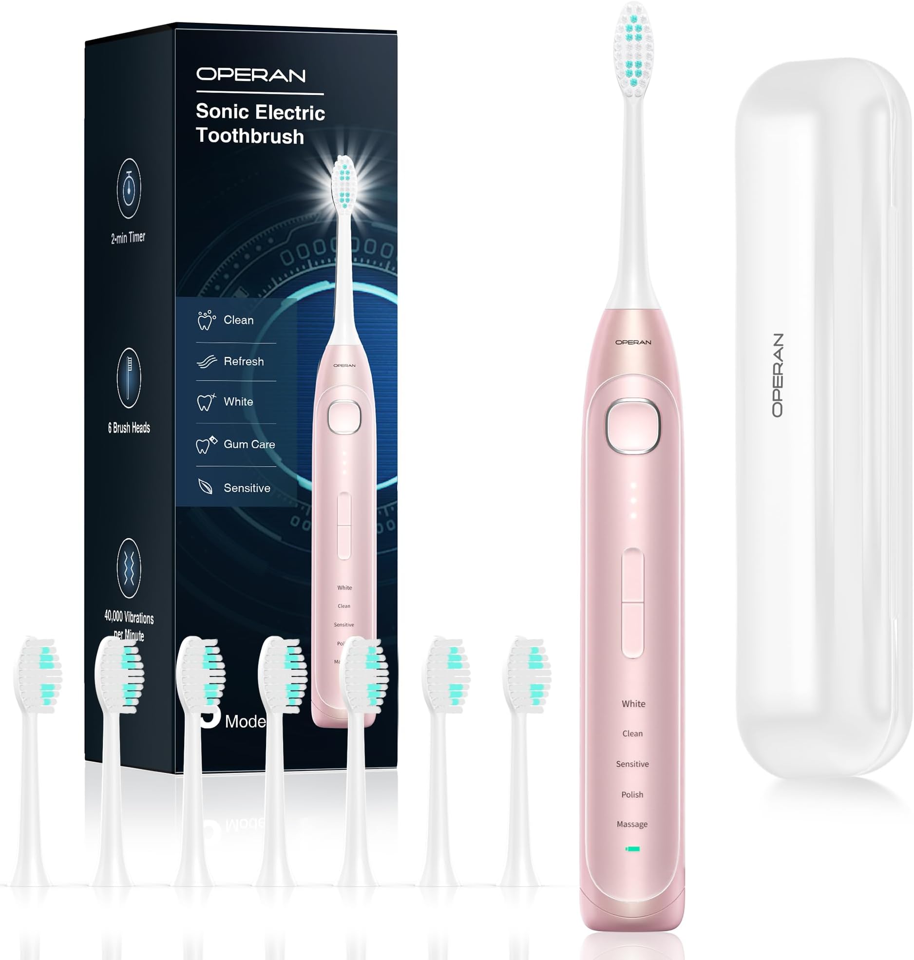 Operan Electric Toothbrush for Adults and Kids Rechargeable Sonic Toothbrush with 5 Modes 2-Min Smart Timer IPX7 Waterproof 40,000 VPM Motor with 8 Brush Heads & Travel Case (Pink, 1Pack)