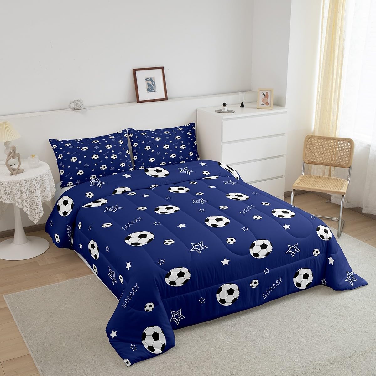 Feelyou Boys Football Comforter Set Queen Size Sports Theme Bedding Set for Boys Girls Soccer Ball Pattern Blue Comforter Women Men Duvet Set with 2 Pillow Cases