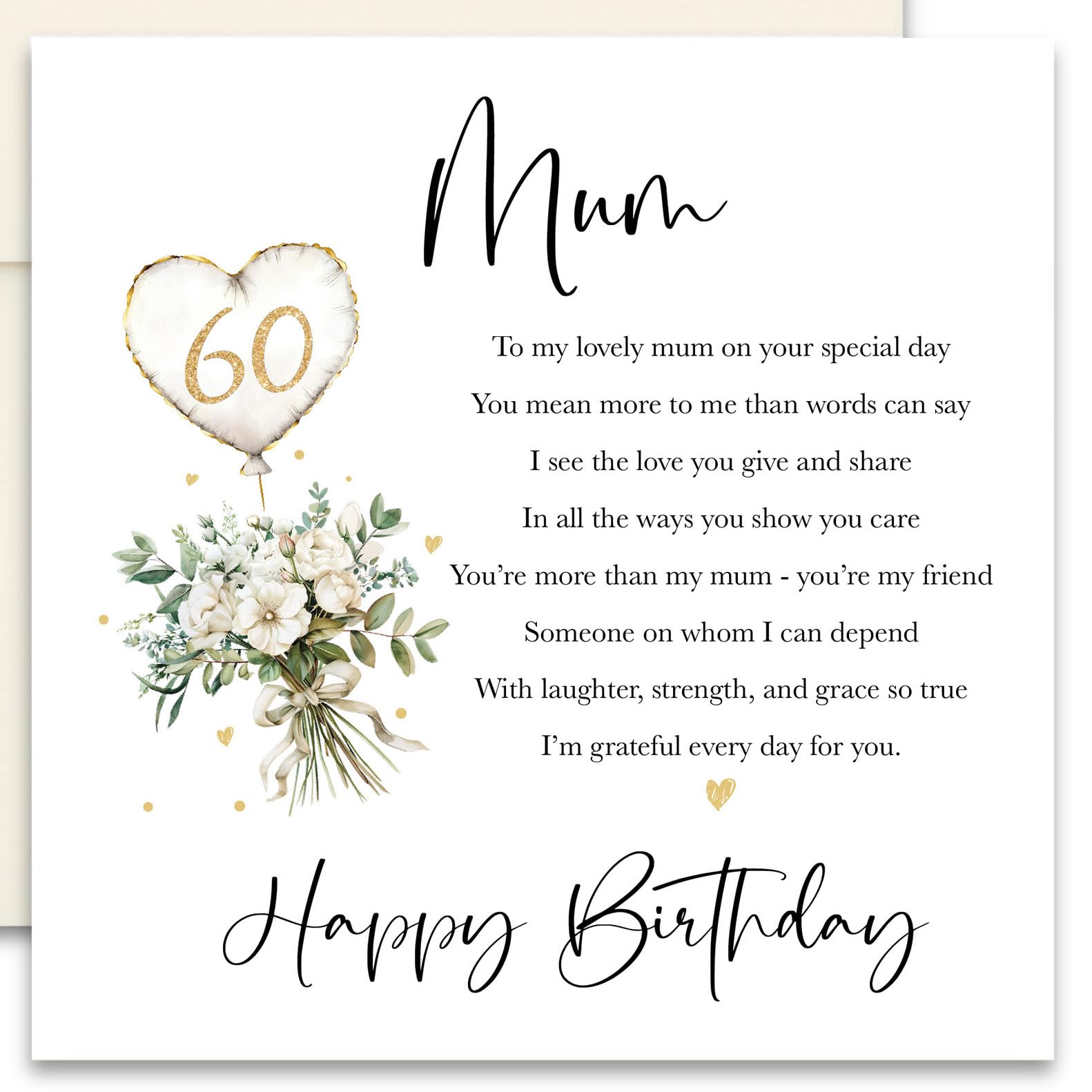 60th Birthday Card for Mum - Original Poetry Keepsake Card, Premium Linen, Blank Inside, Luxury Ivory Envelope