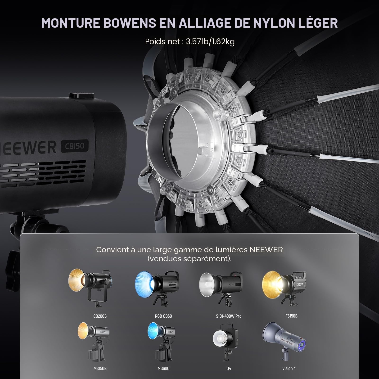 NEEWER 90cm Softbox Parabolique Photography avec Support Bowens Quick Release Diffuseur/Grille/Sac pour Lampe Continu CB60 CB200B MS60 MS150B Q4 Compatible avec Godox Amaran 100x Aputure 600d, NS90P