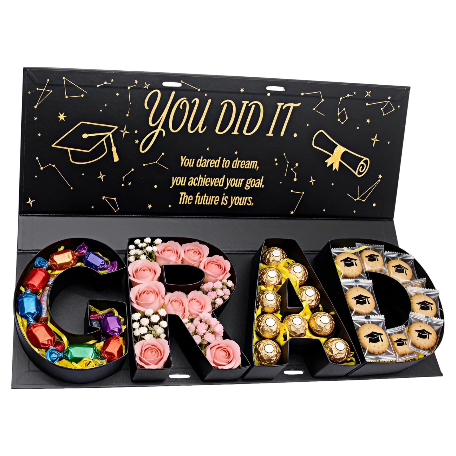 Geschenkbox zum Abschluss 2026, GRAD-Buchstabenform, befüllbare Box für Süßigkeiten und Blumen, DIY-Geschenkidee mit goldenem Glitzer-Congrats-Grad-Deckel und Band für Partydeko