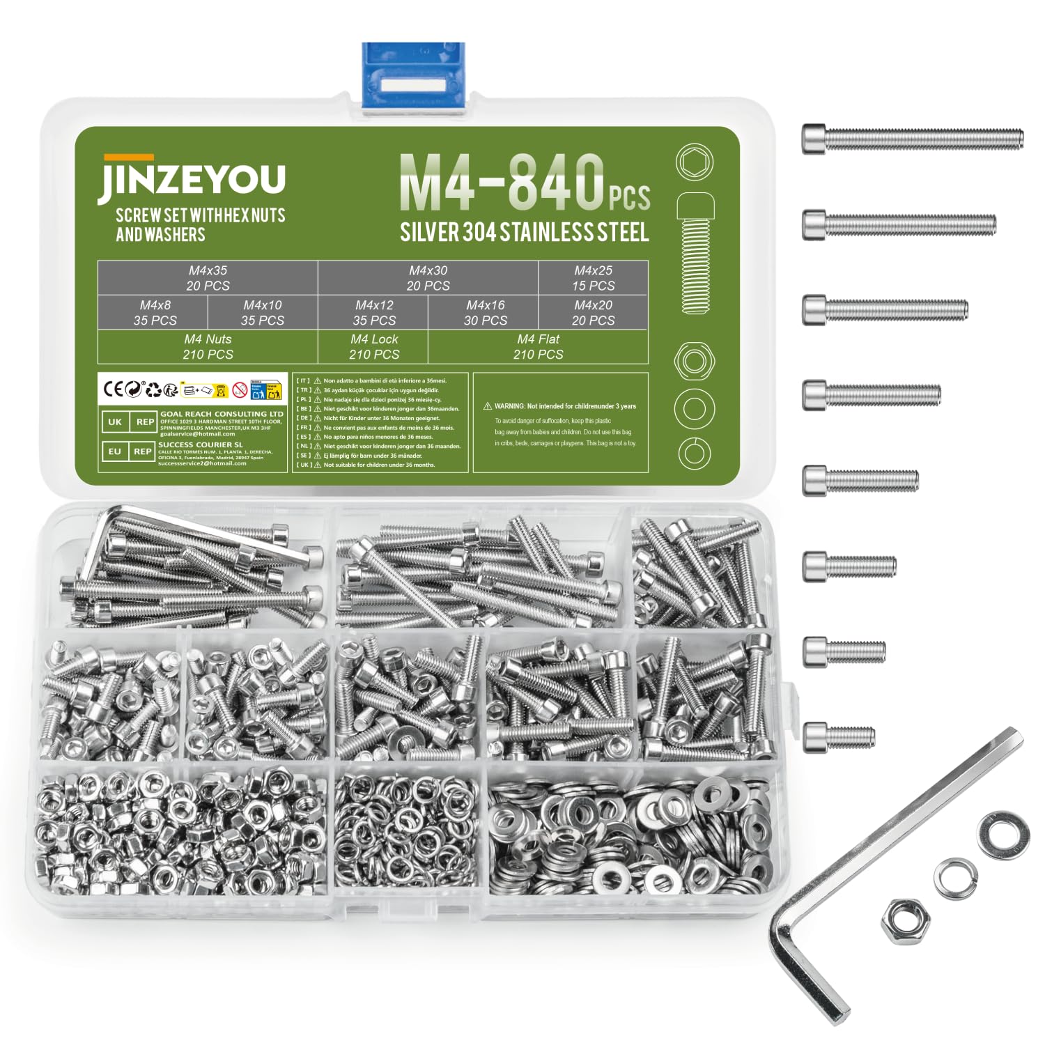 840 Pcs M4 Nuts and Bolts Hex Socket Head Cap Screws and Nuts Set, Stainless Steel Machine Screws Bolts Set