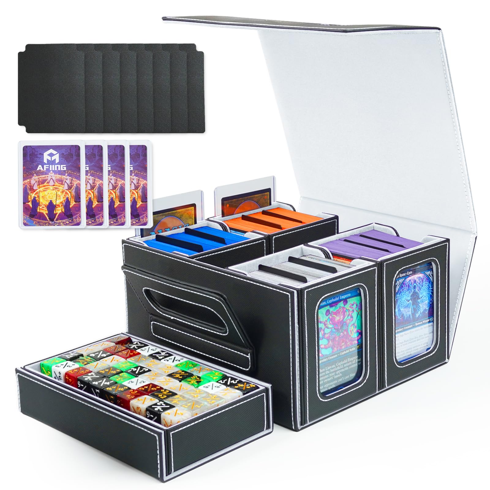 AFIING Commander Deck Box for MTG, Holds 400+ Double-Sleeved Cards, 5-in-1 Trading Card Storage Box with 4 Removable Deck Cases, Dice Tray & Handle (White)