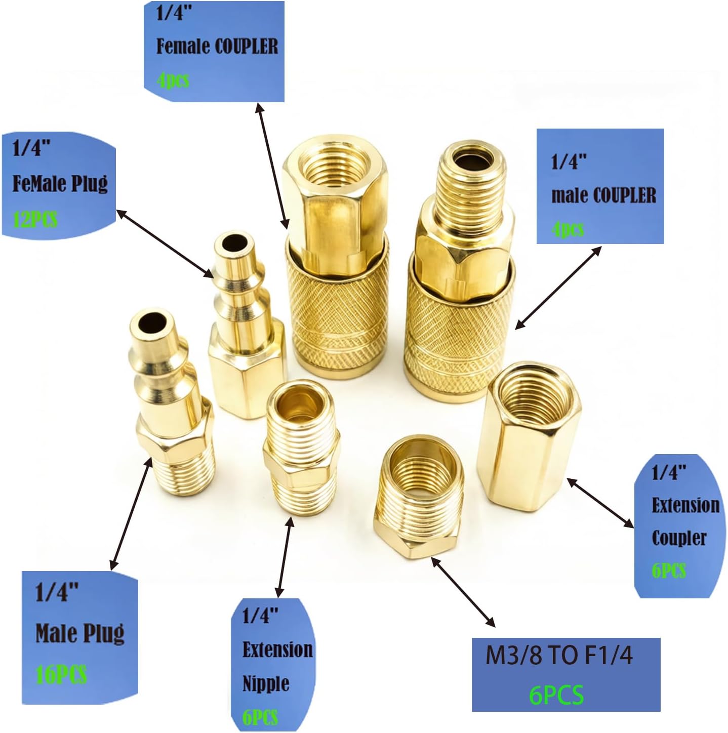 55 Pcs 1/4”NPTAir Hose Fittings Kit, Quick Connect Coupler and Plug Set for Air Compressor, Pneumatic Tools - Automotive, Woodworking, Industrial, DIY