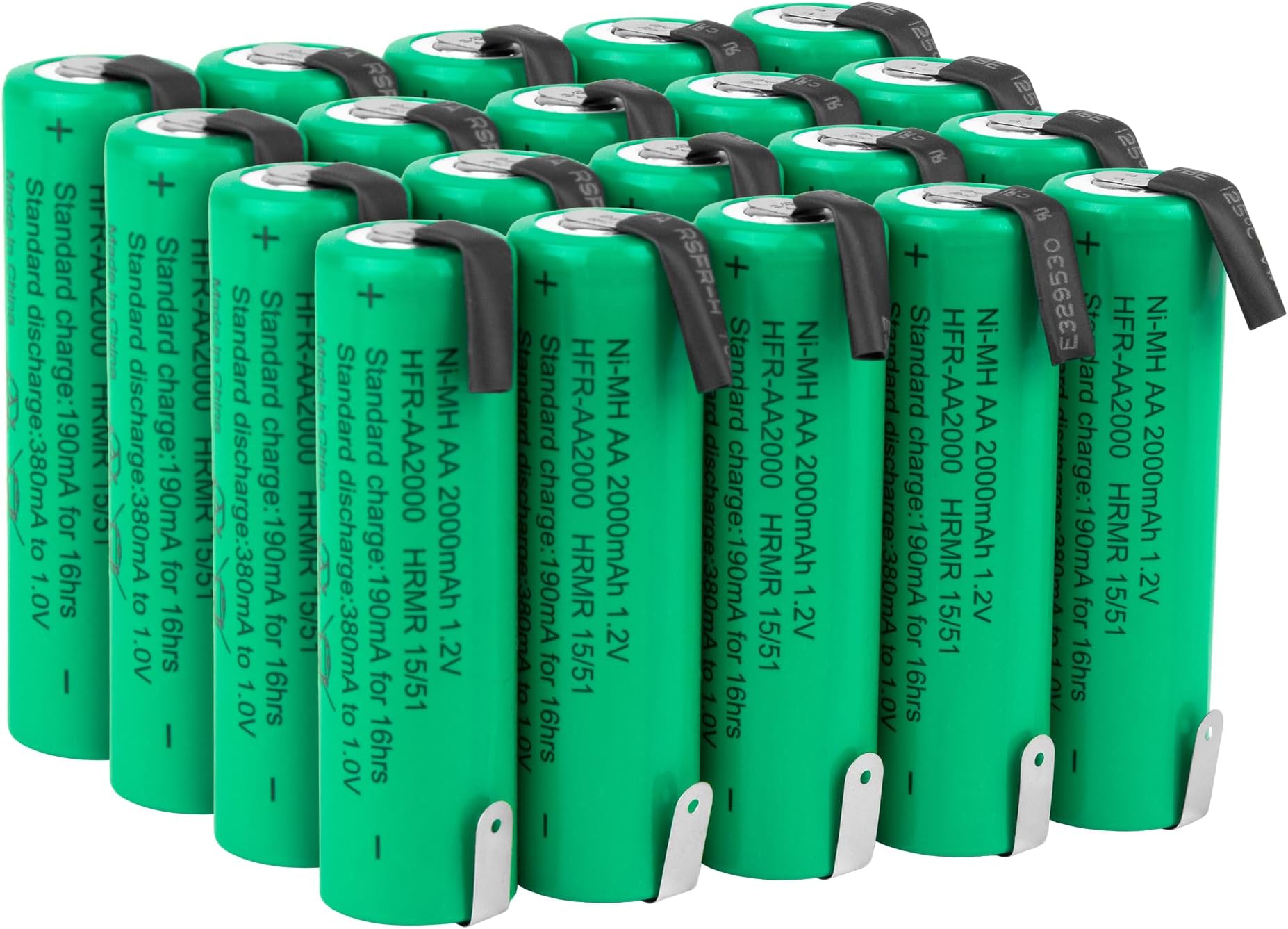 Tenergy AA 1.2V NiMH 2000mAh Flat Top Rechargeable AA Batteries with Tabs, 20 Pack