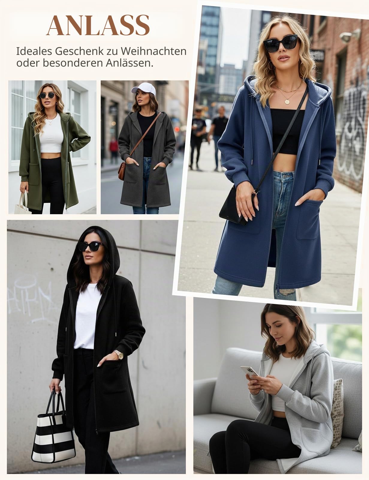 Vancavoo Fleecejacke Damen Sweatjacke mit Kapuze Lange Übergangsjacke | Elegant Kapuzenjacke, Reißverschluss Hoodie Jacke, Rippbündchen und Taschen für Alltag, Frühling und Herbst