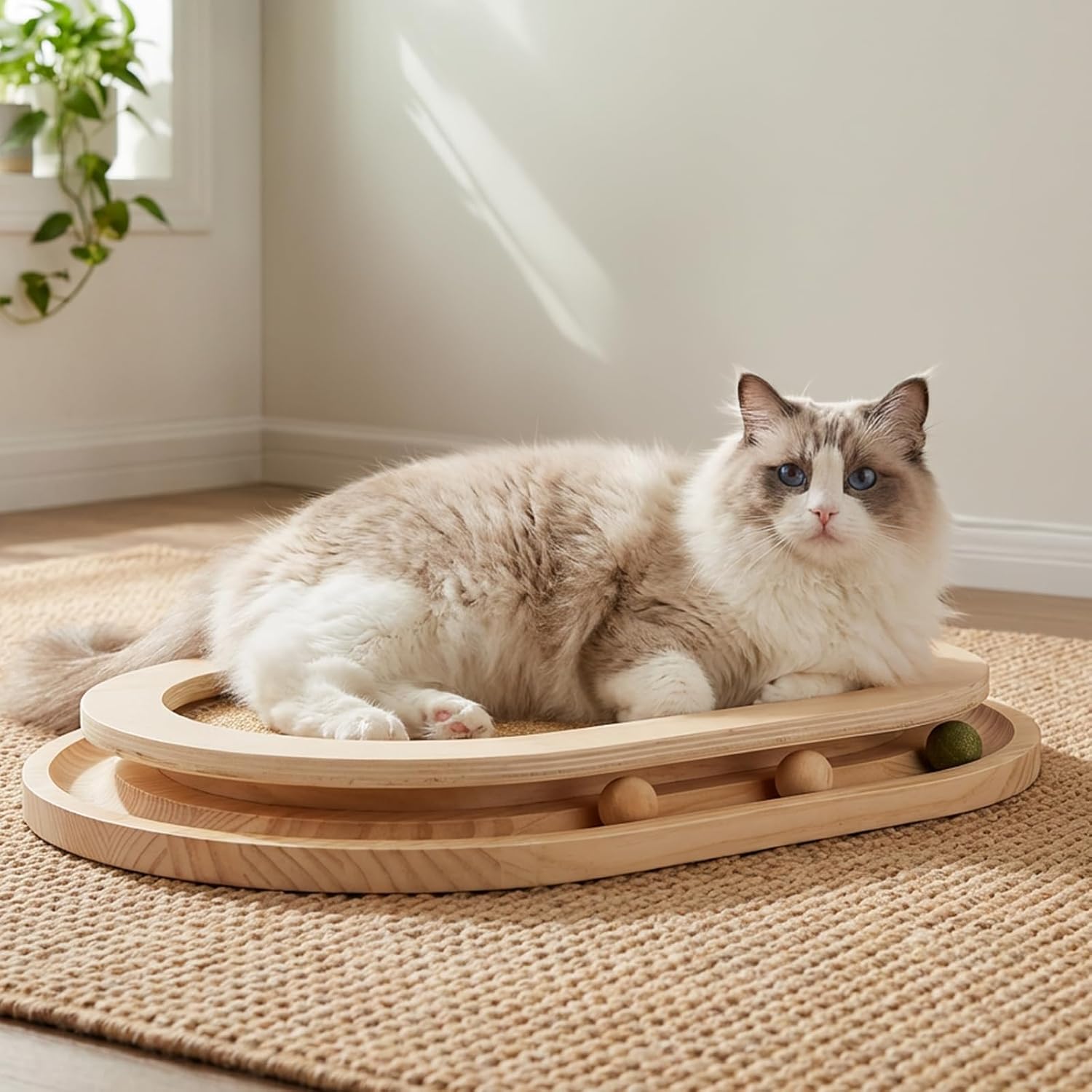 Cat Scratcher, Natural Sisal Cat Scratcher Pad & Interactive Kitten Toy with Ball Track and Catnip Ball for Indoor Hunting, Sleeping Physical Exercise, Puzzle for Small to Large Cats