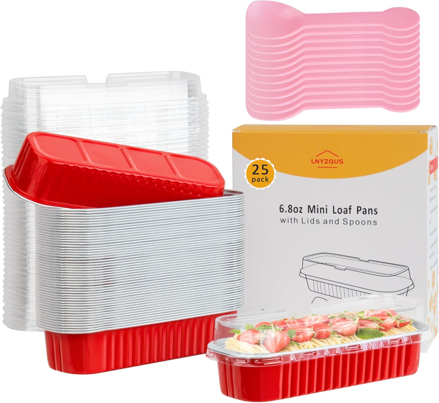 LNYZQUS Mini Loaf Pans with Lids 25 Pack, 6.8oz Individual Cake Tins Foil Baking Pan for Small Bread Loaves, Disposable Muffin Cups Little Aluminum Containers for Christmas Baking Gifts -Red