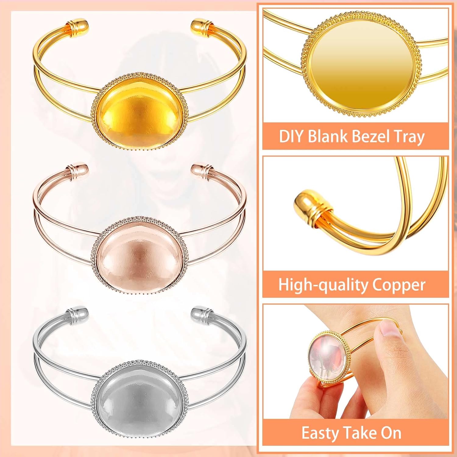 Junkin 12 Pcs 25mm Bezel Blank Bracelet 3 Colors Adjustable Round Cabochon Blank Bezel Tray Bangle, Rose Gold Silver Cuff Bangles with 12 Pcs 25mm Clear Glass Cabochons for DIY Craft Jewelry Making - Image 4