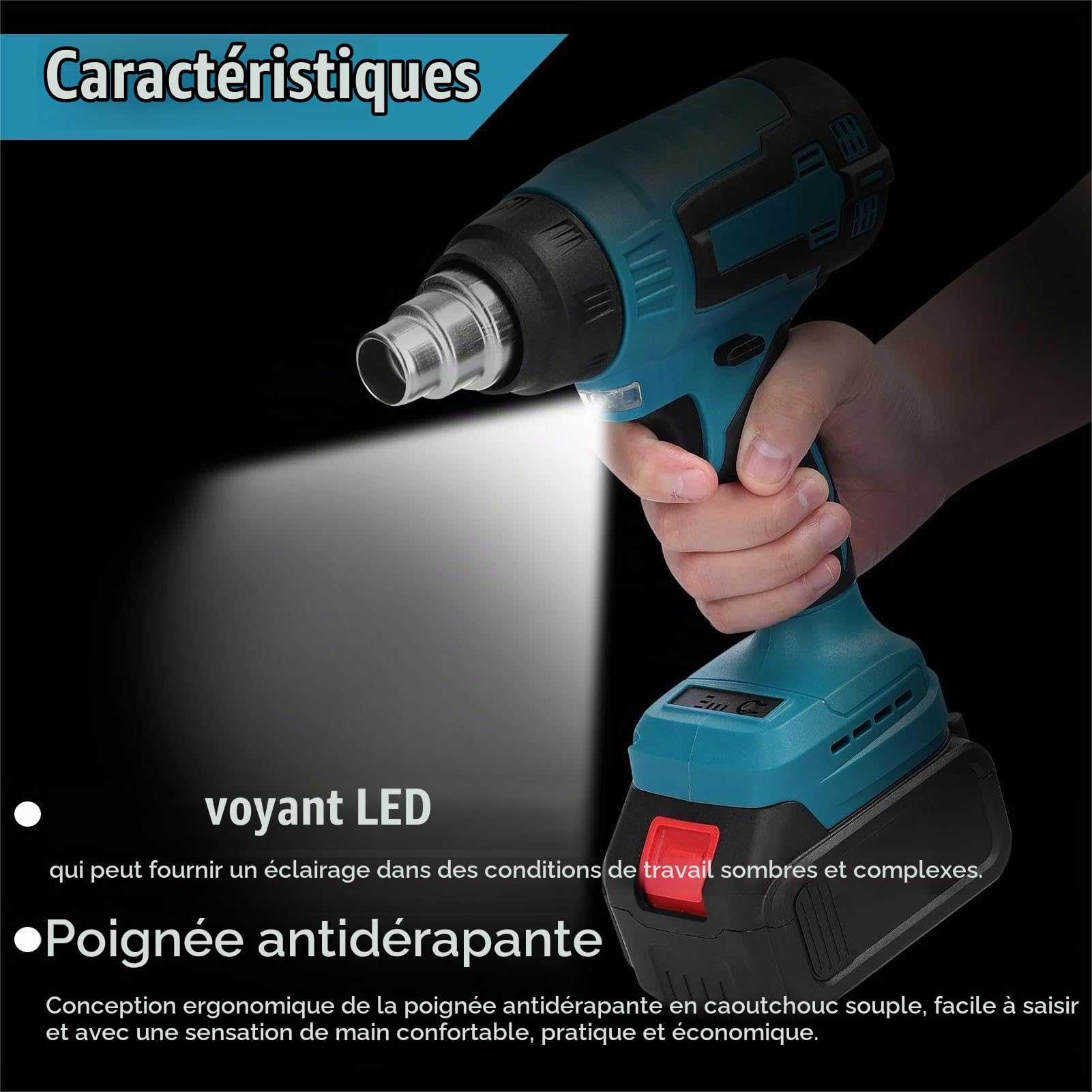 Décapeur Thermique, Pistolet à Air Chaud pour batterie Makita 18v, avec réducteur, jet large, buse réflectrice, température jusqu'à 550°C, éclairage LED, Pistolet Thermique pour Retrait Thermiquement